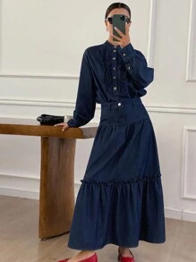 DAZY 女士荷叶边上衣和宽松牛仔长裙套装 - 藍色 - 查看 1