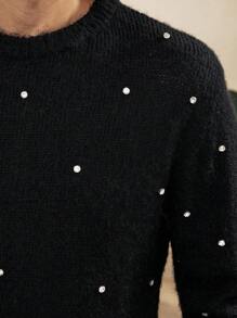 Manfinity Homme 时尚博主风格纯色重工装饰水钻男士毛衣，欧美新款男士水钻毛衣男士装饰毛衣，秋冬 - 黑色 - 查看 4