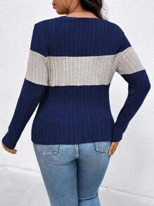 EMERY ROSE Plus Size Contrast Color Round Neck Ribbed Long Sleeve Casual T-Shirt Graphic Tees Women Tops For Spring Fall - Multicolor - View 2