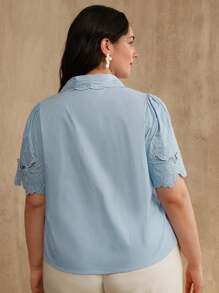 Anewsta Áo kiểu nữ tay ngắn thêu hoa cổ bẻ thời trang thanh lịch mùa hè đa năng đi làm - Màu xanh lam - Xem 2