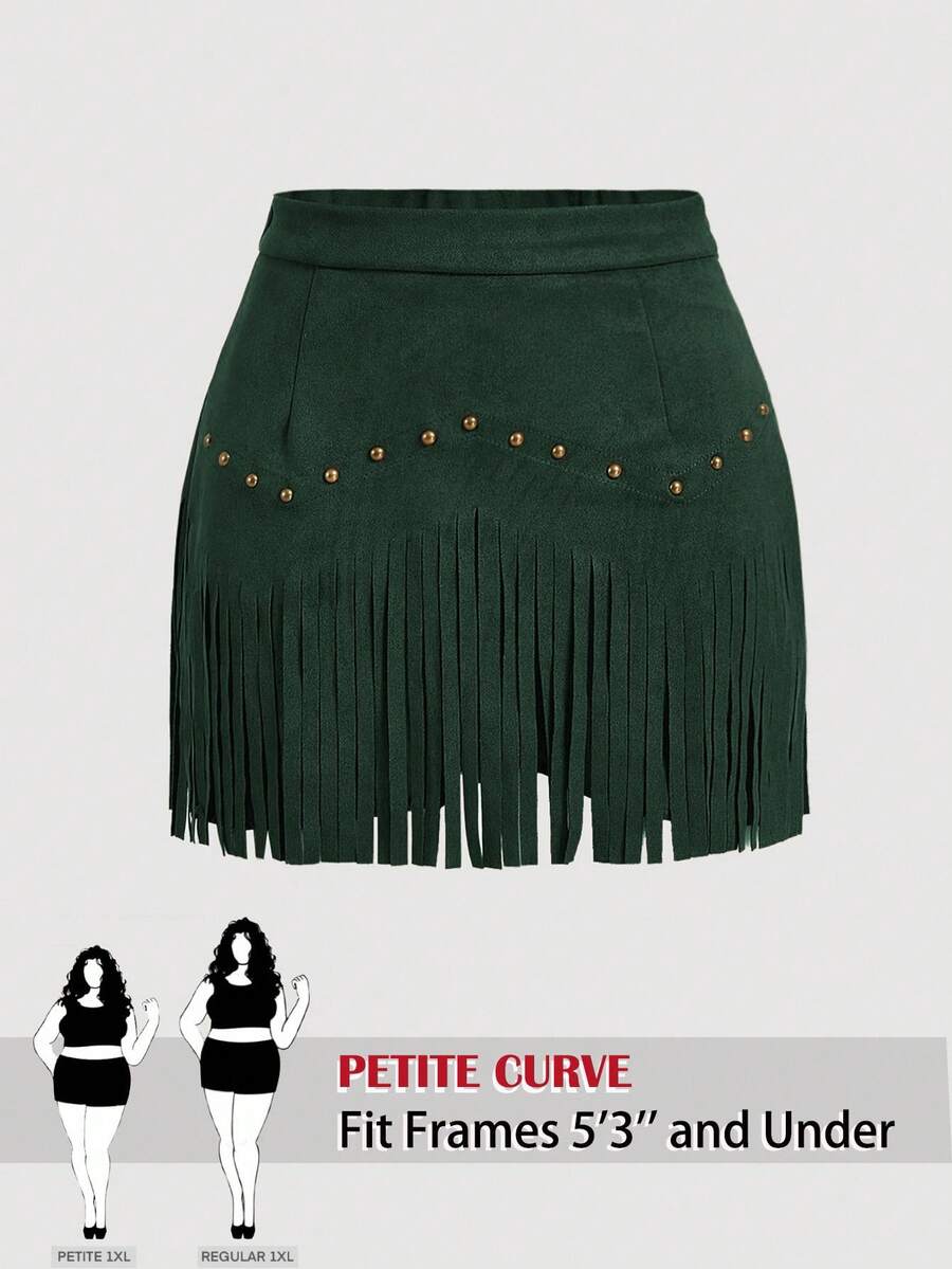 SHEIN PETITE CURVE 大码女式复古嬉皮铆钉流苏黑色绒面革 A 字裙，秋季裙子，纳什维尔服装，海盗裙 - 墨綠色 - 查看 1