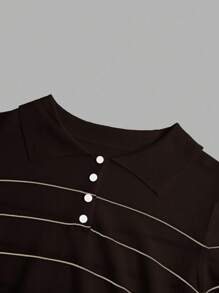 BizChic 2025 秋冬黑色 Polo 领半拉链单排扣撞色纽扣条纹针织毛衣上衣，优雅现代，适合商务、休闲、办公室、约会、派对、婚礼嘉宾、生日、万圣节、圣诞节 - 紫色 - 查看 11