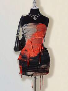 SHEIN ICON Robe moulante mini dos nu avec effet tie-dye contrastant orange et noir pour femmes
