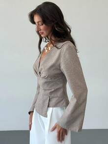 Aloruh New Stylish Commuter Waist Ruched Asymmetric Hem Long Flare Sleeve V-Neck Pullover Blouse,Fall Tops,Elegant Women's Blouses