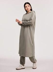 Veilorie Contrast Tape Side Hooded Coat & Pants 2 Pieces Set - Army Green - View 3