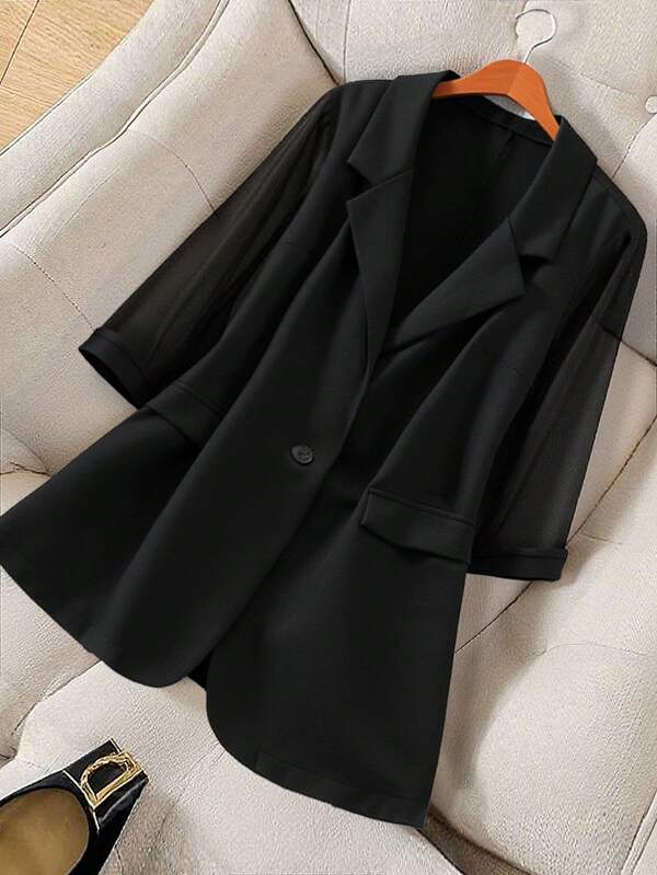 Regalyn Plus Size Women Chiffon Patchwork Thin Blazer, Fashionable Commuting Retro Elegant Style, Ladies Summer Business & Casual Graduation,Back To School,Teacher