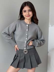 SHEIN 青少年女孩休闲家居服/街头服饰纽扣式圆领长袖开衫，麻灰色 - 灰色 - 查看 8