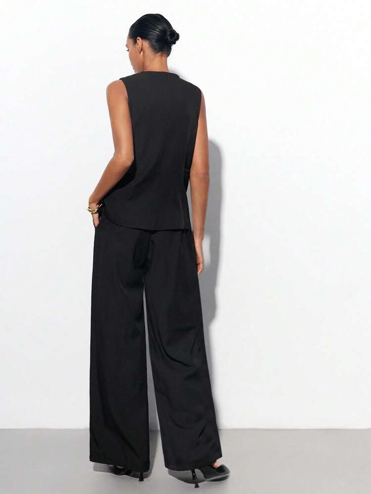 SHEIN Maija 女性用ブラックVネックボタン前開きフィッテッドベストトップと弾性ウエストボタンポケットルーズロングパンツ2点セット、カジュアルビジネスアウトフィット、ハロウィン、ビジネスカジュアル、秋冬の女性オフィスアウトフィットに適しています