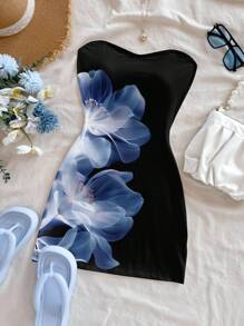 Modelyn 女士休闲花卉图案迷你连衣裙，适合夏季度假 - 黑色 - 查看 3