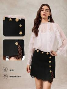 Briarwyn Saia feminina elegante com decoração floral metálica e contraste de renda, saia com acabamento em renda, roupas de outono para mulheres, saia preta estilo old money para mulheres - Preto - Ver 8