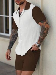 Manfinity Homme Men's Summer Casual Contrast Color Patchwork Shirt And Shorts 2 Pieces Set