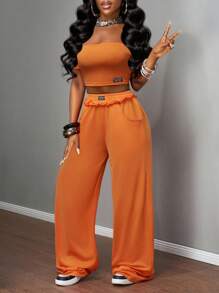 Slaydiva 2025新款夏季音乐节生日派对毕业休闲基础套装露肩短袖短款上衣&条纹宽松直筒裤橙色两件套橙色两件套阔腿裤套装裤子两件套夏季裤子套装 - 橘色 - 查看 3