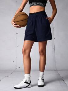 SHEIN Sports 休闲纯色抽绳腰宽松运动短裤 - 寶藍色 - 查看 5