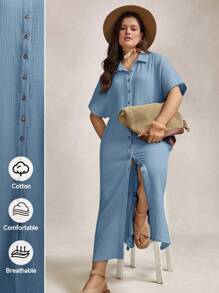 Zelara Mother'S Day Gift Navycore Outfits Apricot Crinkled Buttons Maxi Beach Navycore Dress With Slits Nautical Casual For Women Coastal Nautical Vacation Outfits Dress,Fall Dresses For Women - Baby Blue - View 9