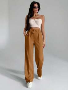 EURMUSE Women Solid Color Wide Leg Tie Front Detailed Pants - Camel - View 4