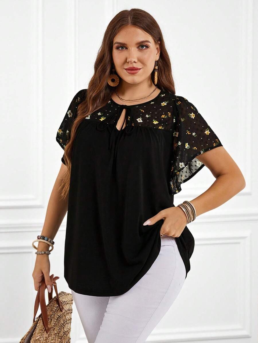 Miaspire 大码女式花卉印花系带荷叶边袖连衣裙 - 彩色 - 查看 1