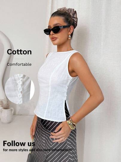 Lavishia Camisa sin mangas de ajuste ceñido de algodón y lino con botón anudado de bambú blanco, estilo de oficina vintage