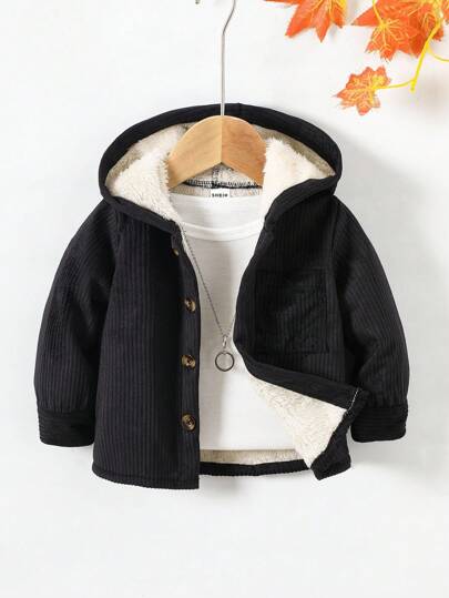 SHEIN Playful Pals Baby Boy Solid Color Front Button Pocket Corduroy Hooded Lined Long Sleeve Jacket, Suitable For Autumn/Winter Baby Boys Winter Clothes Baby Boys Coat Baby Boy Winter Coat Baby Boy Hooded Coat Toddler Corduroy Jacket Baby Boy Winter Jacket Baby Boy Jacket Baby Boys Winter Coat Boy Winter Jacket Baby Boy Winter Coats Baby Boys Coats Boys Thermal Lined Jacket Fall