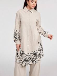 Veilorie Women'S Floral Print Long Sleeve Shirt And Pants Suit 2 Pieces Set - Apricot - View 1