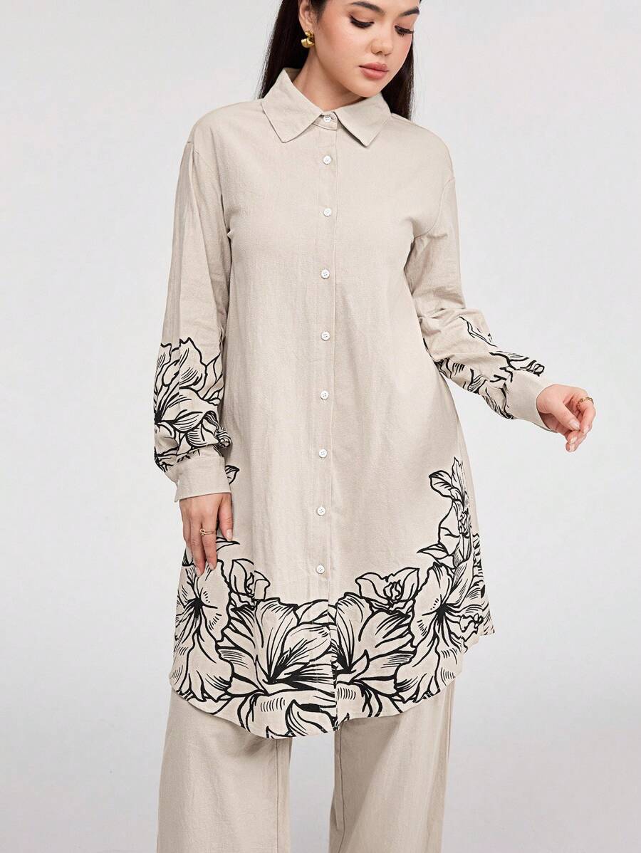 Veilorie Women'S Floral Print Long Sleeve Shirt And Pants Suit 2 Pieces Set - Apricot - View 1