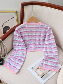 Tween Girls' Cute Colorblock Cardigan Pink Stripe,Autumn,Holiday,Back-To-School Wave Pattern Hollow-Knit Flared Sleeve Sheer Cropped Sweater Cover-Up - Multicolor - View 2