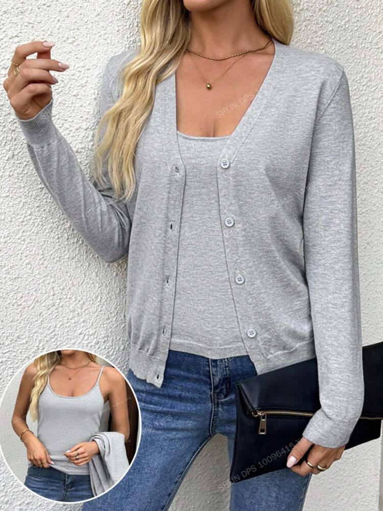 2pcs/Set Women Solid Color Long Sleeve Single-Breasted Knitted Cardigan And Sleeveless Knitted Top Grey Cardigan Long Sleeve Cardigan Gray Tops Light Grey Top Fall Women Clothes Back To School Clothes Going Out Outfits