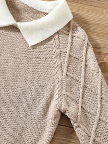 SHEIN 男童卡其色纹理休闲舒适百搭撞色领厚毛衣，开学季，秋冬 - 卡其色 - 查看 4