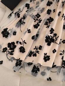 Tween Girl Casual Elegant Round Neck Puff Lantern Long Sleeve Floral Patchwork Mesh Ruffle Hem Dress, Suitable For Halloween, Christmas, Day Of The Dead, Black Fall Winter - Black - View 6