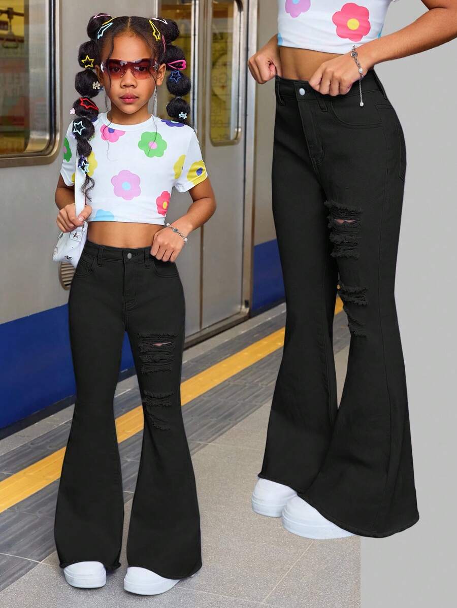 SHEIN 少女夏季假日毛边淡紫色水洗破洞高弹棉柔软喇叭牛仔裤，夏季度假海滩音乐会锐舞派对喇叭裤，黑色喇叭裤，秋冬季 - 黑色 - 查看 1