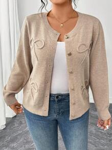 Elenzga Áo len cardigan thanh lịch thường ngày cỡ lớn có nơ cho nữ - Màu Khaki - Xem 5