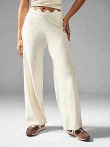 MISSGUIDED Knitted Wide Leg Pants With Scalloped Waistband Elegant Palazzo Lounge Wear Evening Fall Winter Bottoms Wave Design Contemporary Modern Design Casual - Apricot - View 6
