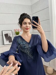 SHEIN Najma Women's V-Neck Beaded Floral Double Ruffle Sleeve Arabic Style Dress, Spring/Summer - Navy Blue - View 6