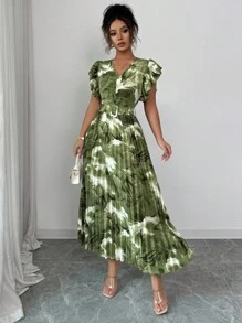 Modelyn 女式扎染花卉印花荷叶边下摆长裙女装 - 橄欖綠 - 查看 5