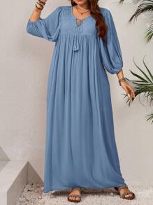 EMERY ROSE 大码女式撞色蕾丝流苏系带灯笼袖休闲连衣裙 - 淺藍色 - 查看 3