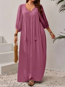 EMERY ROSE 大码女式撞色蕾丝流苏系带灯笼袖休闲连衣裙