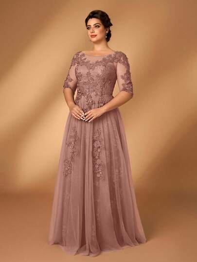 Serin Vestido elegante y romántico de talla grande con cuello redondo, manga 3/4, encaje, contraste de malla, dobladillo en línea A, aplicaciones de lujo, adecuado para fiesta de noche, cita, baile, fiesta de solteros, festival de música, vacaciones, boda, vestido de madre de la novia, Día de San Valentín