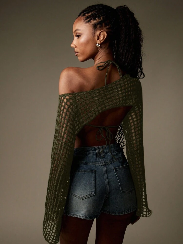 MISSGUIDED Maglietta corta bohémien in rete all'uncinetto con maniche a campana, maglione estivo in maglia per festival e spiaggia, oversize con spalle scoperte, stile hippie e Y2K
