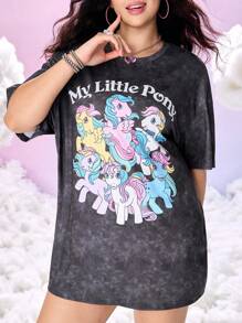 My Little Pony X SHEIN 加大码卡通图案黑色圆领短袖T恤女款图案T恤破洞T恤图案T恤 - 黑色 - 查看 3