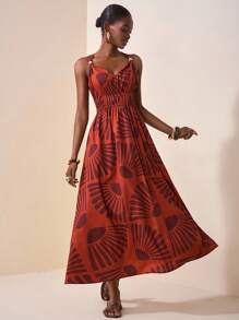 Zivah 2025 春夏新款音乐节、复活节、圣帕特里克节、西部风、游牧风、生日派对、毕业典礼、学院风、学生装、日常休闲、基础百搭、休闲、邮轮旅行、海滩、日光浴、网络热卖、街头服饰、婚礼宾客波西米亚风、通勤、早午餐、机场、细肩带 V 领无袖木质纽扣装饰褶饰腰部 Y2K 复古做旧假日印花长裙 - 彩色 - 查看 5