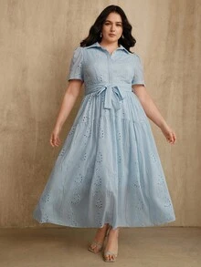 Anewsta Đầm nữ thanh lịch cổ bẻ tay ngắn dáng rộng, thắt eo, thích hợp cho kỳ nghỉ hè, cỡ lớn, mùa xuân/hè. - Màu xanh nhạt - Xem 5