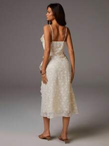 Athîral Women's Elegant Solid Color Textured Ruffle Hem Sleeveless Midi Dress, Summer White Dress Ruffle Dress Organza Dress White Silk Dress Floral Dress - Apricot - View 3