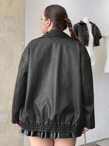 SHEIN EZwear Chaqueta suelta, de manga larga, con bolsillo con cierre delantero para mujeres de talla grande