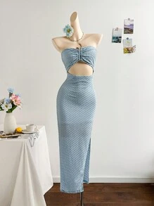 Soleia Women's Vacation Aqua Green Jacquard Textured Ruched Backless Cutout High Slit Dress Fall Dresses For Women   School Clothe  Rave Outfits  Concert Tops   Homecoming Dress   Christmas Clothes  Office Dress  Date Night Outfits Women Dress For Wedding Guest  Birthday Dresses For Women   Halloween Costumes  Brunch Outfits For Women  Sexy Bohemian Clothes For Women  Fairycore White Lace Dress Fringe Dress Fall Dresses For Women Teacher Dress Korean Flowy Dress - Blue - View 3