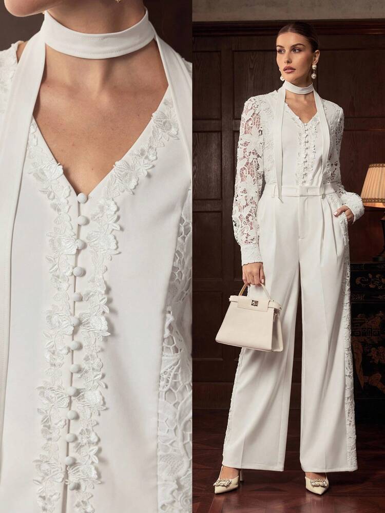 ZEYLAH Elegant Solid Color Lace Patchwork Top And Pants 2-Piece Set