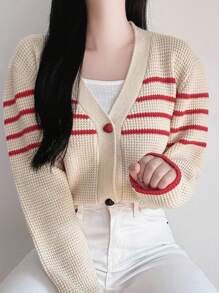 DAZY Chaqueta de punto de cuello en V con contraste de color, suéter holgado de manga larga informal para mujer - Albaricoque - Ver 3