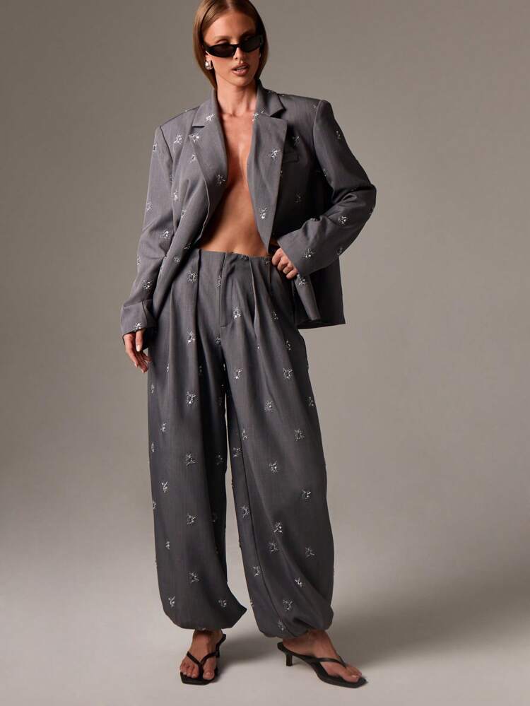 Metallic Starburst Embellished Wide Leg Trousers