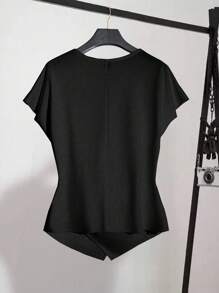 Franclia Women's Solid Color Round Neck Ruched Casual T-Shirt, Summer - Black - View 2