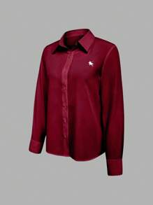 EMERY ROSE Áo sơ mi dài tay màu trơn dành cho nữ, thích hợp mặc thường ngày và đi làm, kiểu dáng mùa xuân, mùa thu, phù hợp cho sinh viên. - Màu Đỏ Sâu - Xem 4