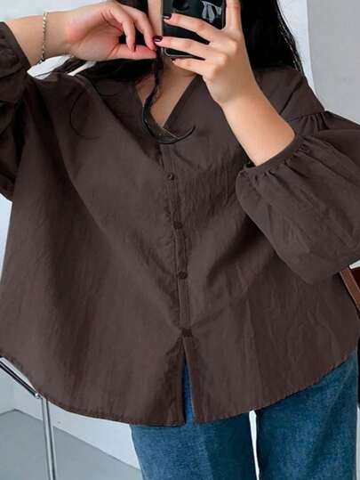 Dazy Plus Áo cánh tay dài dáng rộng cổ chữ V tay đèn lồng cỡ lớn cho nữ, mùa xuân/thu