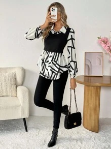 SHEIN LUNE 休闲通勤印花拼接二合一上衣，适合春秋季穿着 - 彩色 - 查看 4